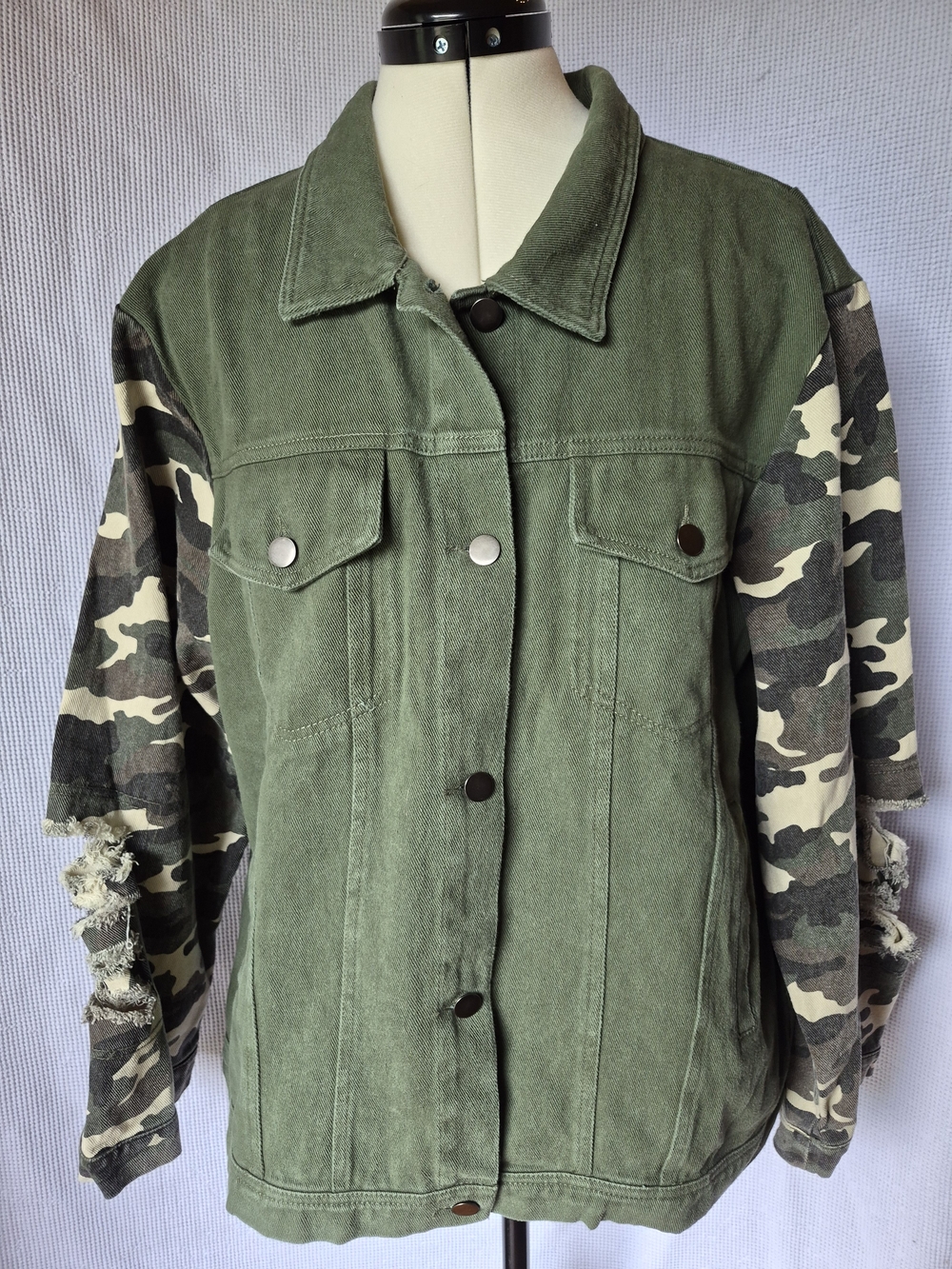 BiBi Olive Green Denim Jacket with Camo Sleeves